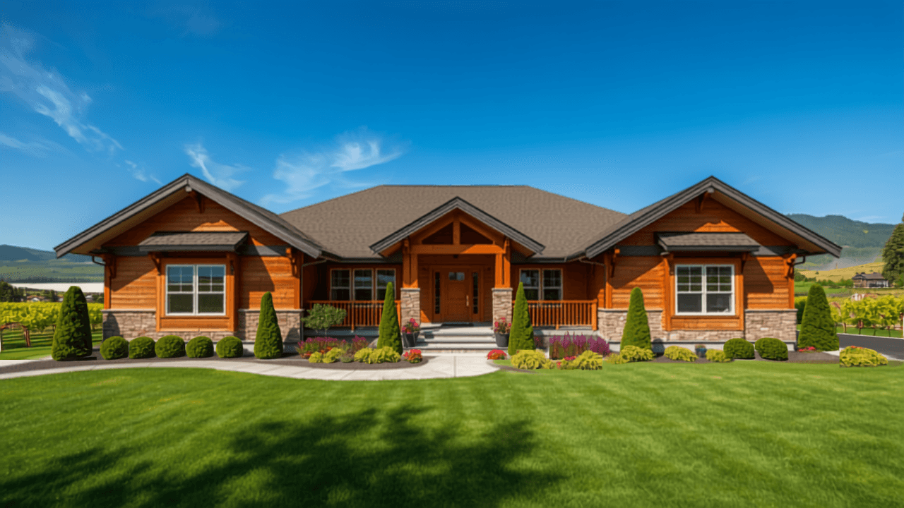 Contemporary BC family home with warm wood accents in bright sunshine