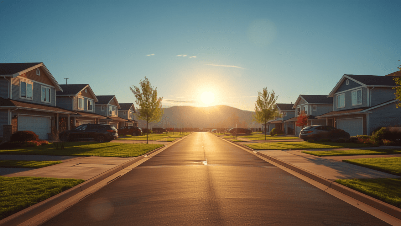 Golden sunrise over a tidy Kelowna residential street