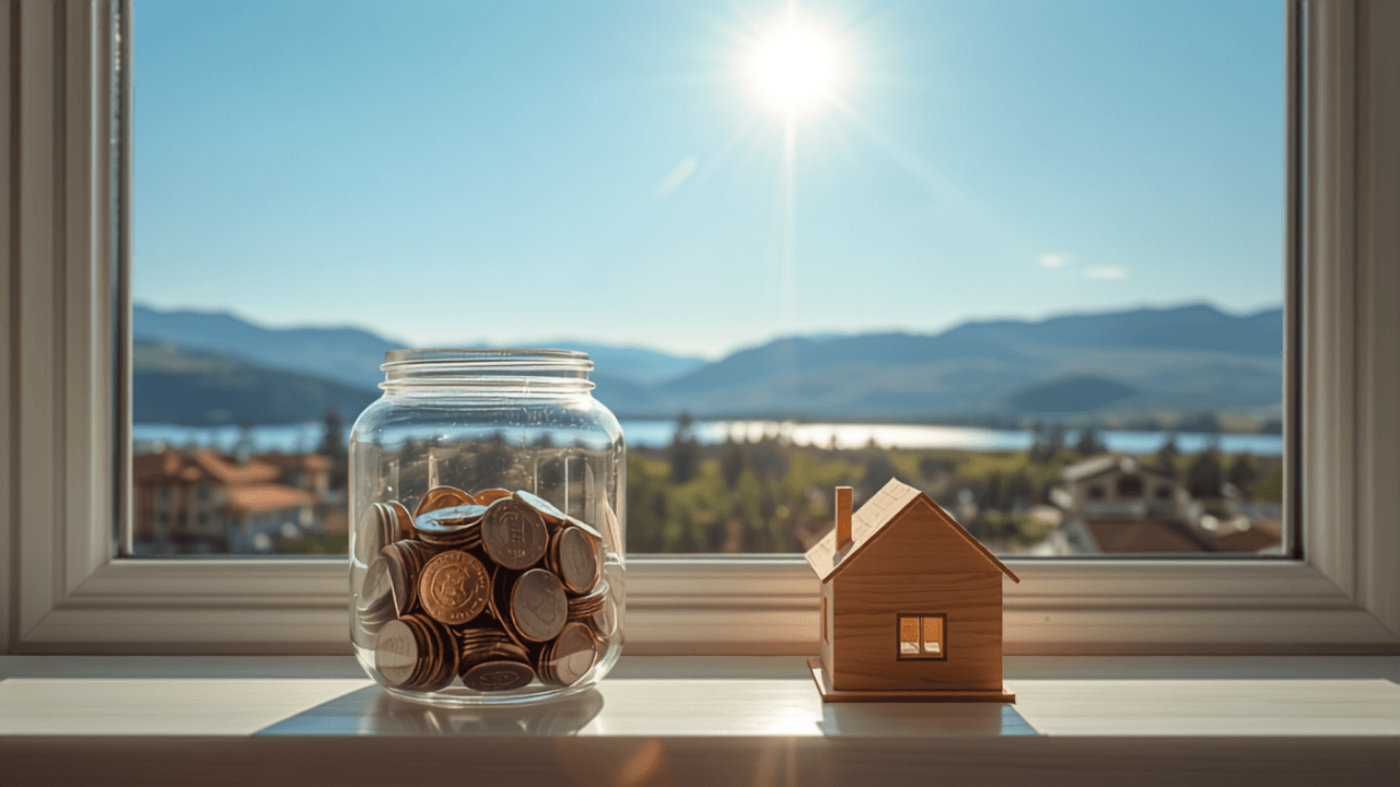 Savings jar of coins beside a small wooden house model on a windowsill