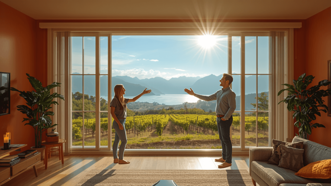 Couple touring a bright open house living room