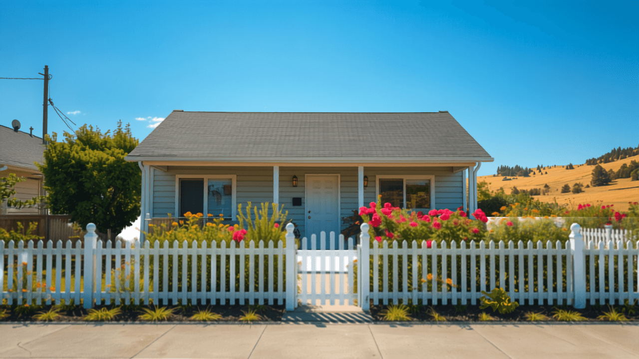 Charming starter home with white picket fence and blooming garden