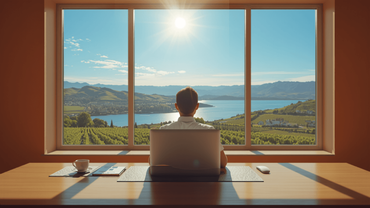 Freelancer working at a bright desk overlooking Okanagan Lake