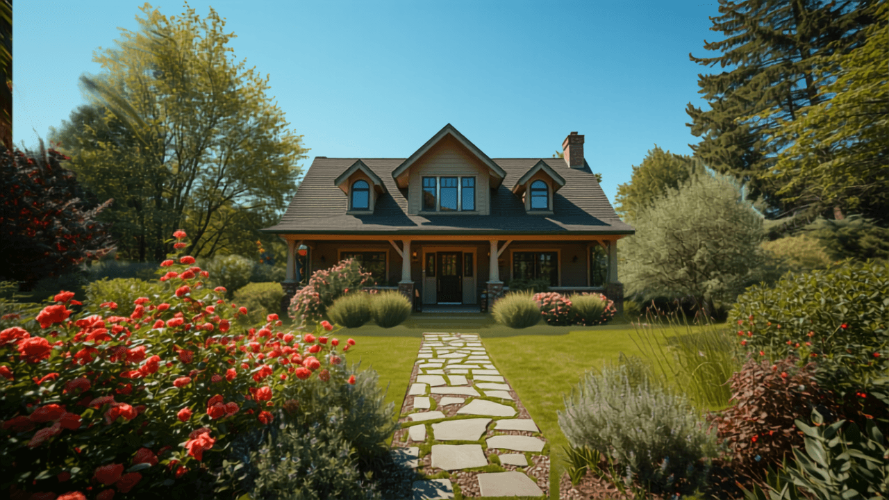 Established family home with lush garden and stone path in sunshine