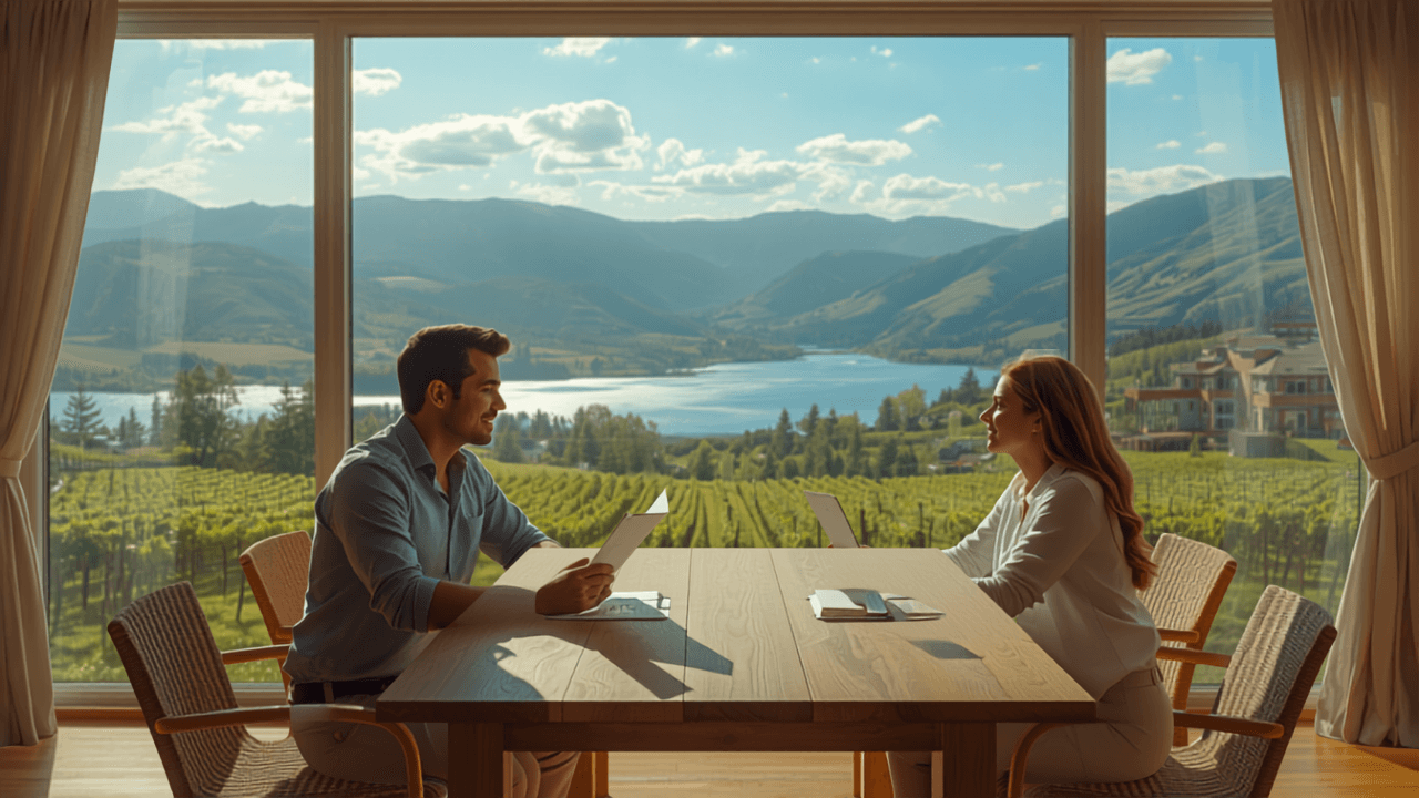 Couple reviewing documents at a table with vineyard and lake view
