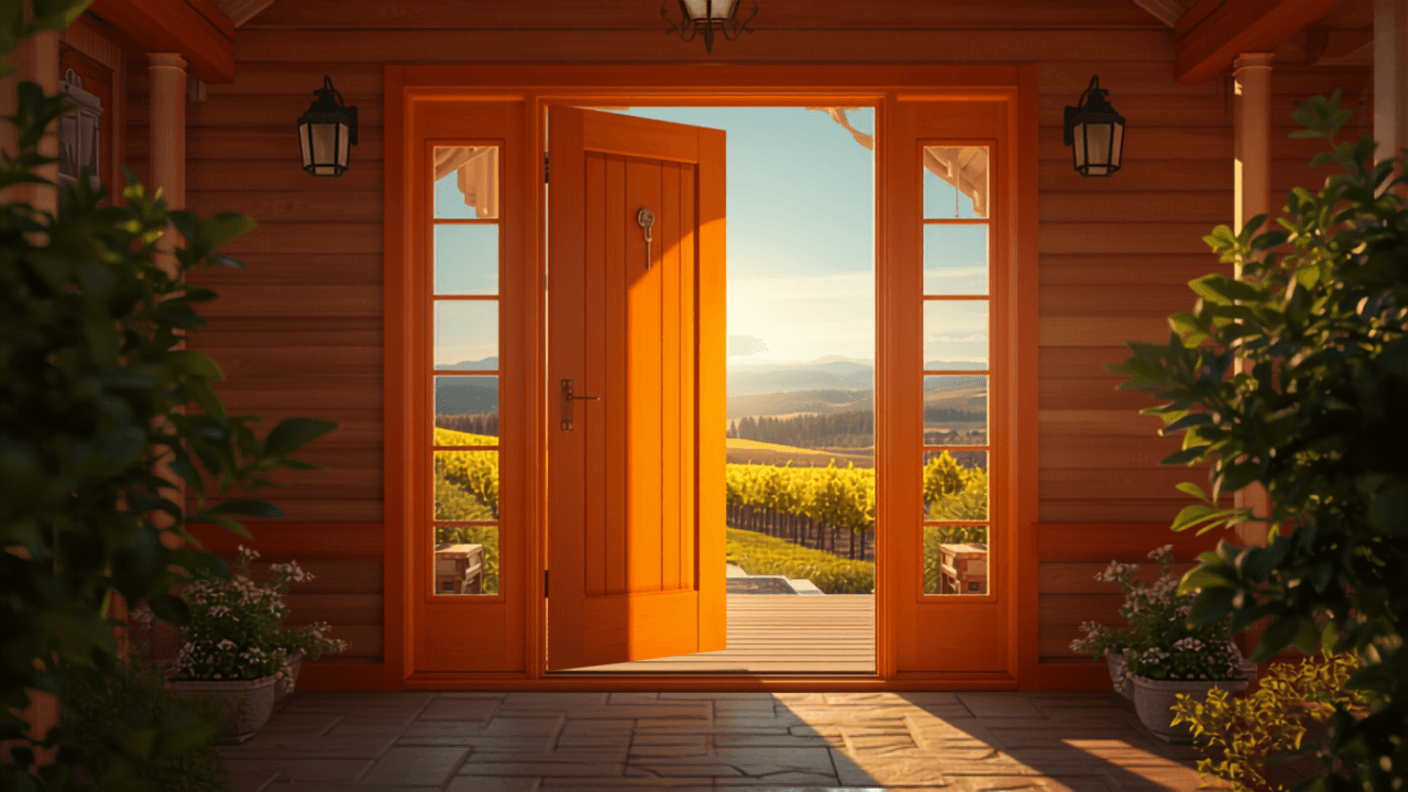 Welcoming front door with keys in the lock on a sunny porch