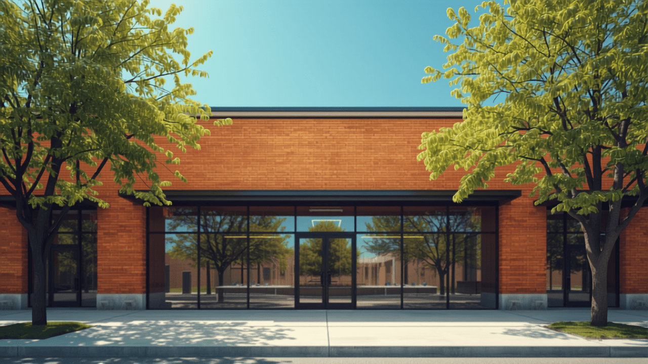 Modern brick office building entrance with clean glass windows in morning sun