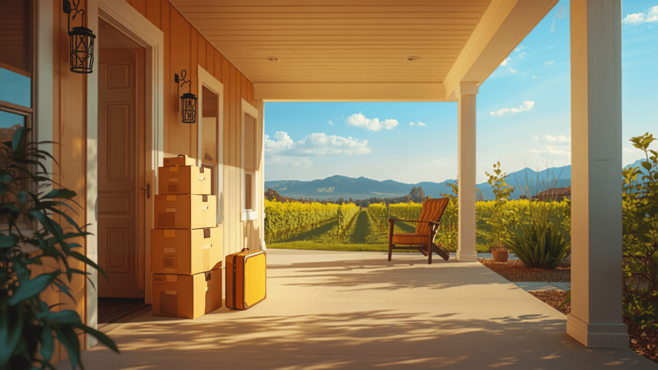 Moving boxes and suitcase on a bright front porch