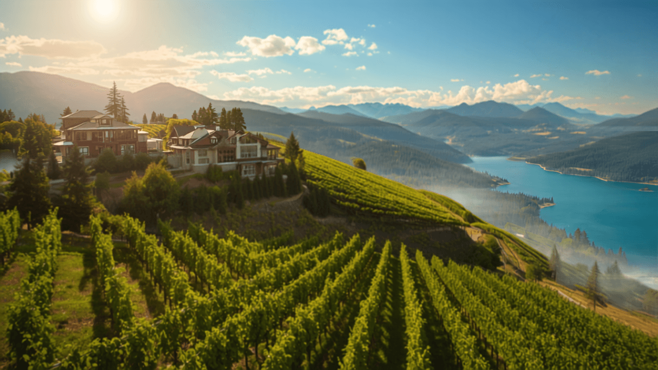 Hillside homes and orchards above blue lakes in Lake Country BC