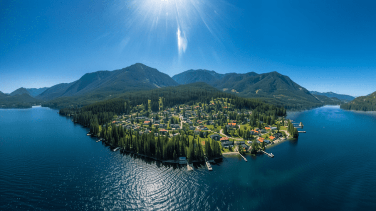Aerial view of Peachland-style lakeside town on Okanagan Lake