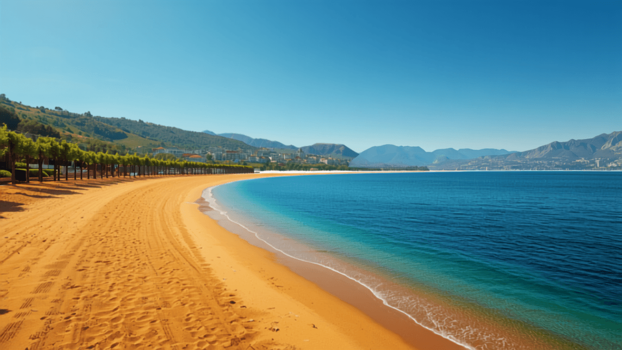 Sandy beach curving along Okanagan Lake with sunny Penticton-style town