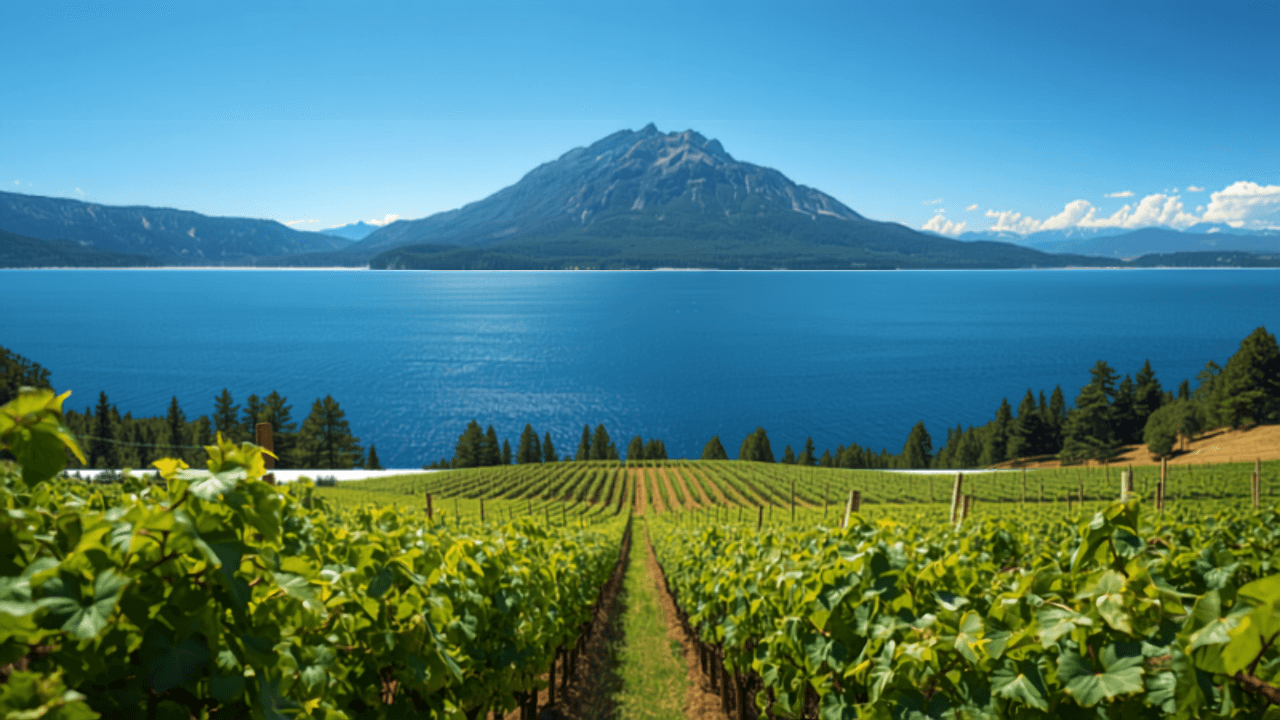 Vineyard rows sloping to Okanagan Lake with Mount Boucherie across the water