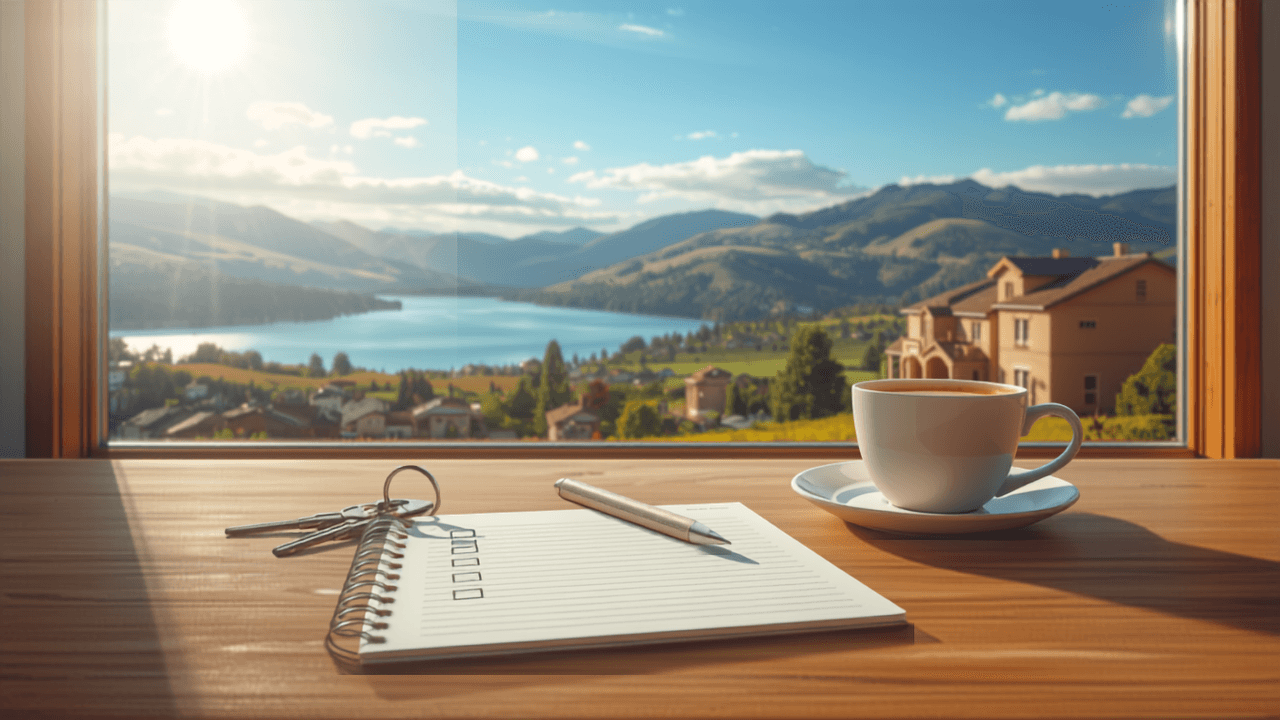 Checklist notepad with keys and coffee by a sunny window