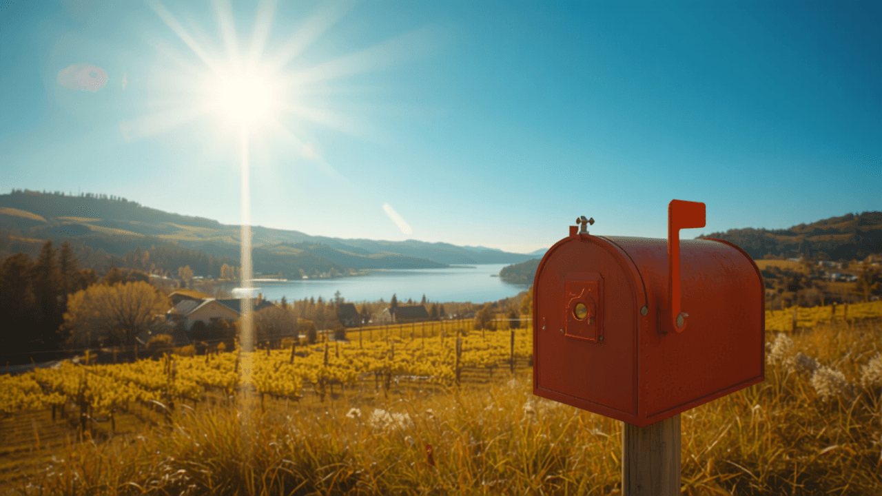 Red mailbox in front of vineyards and Okanagan Lake