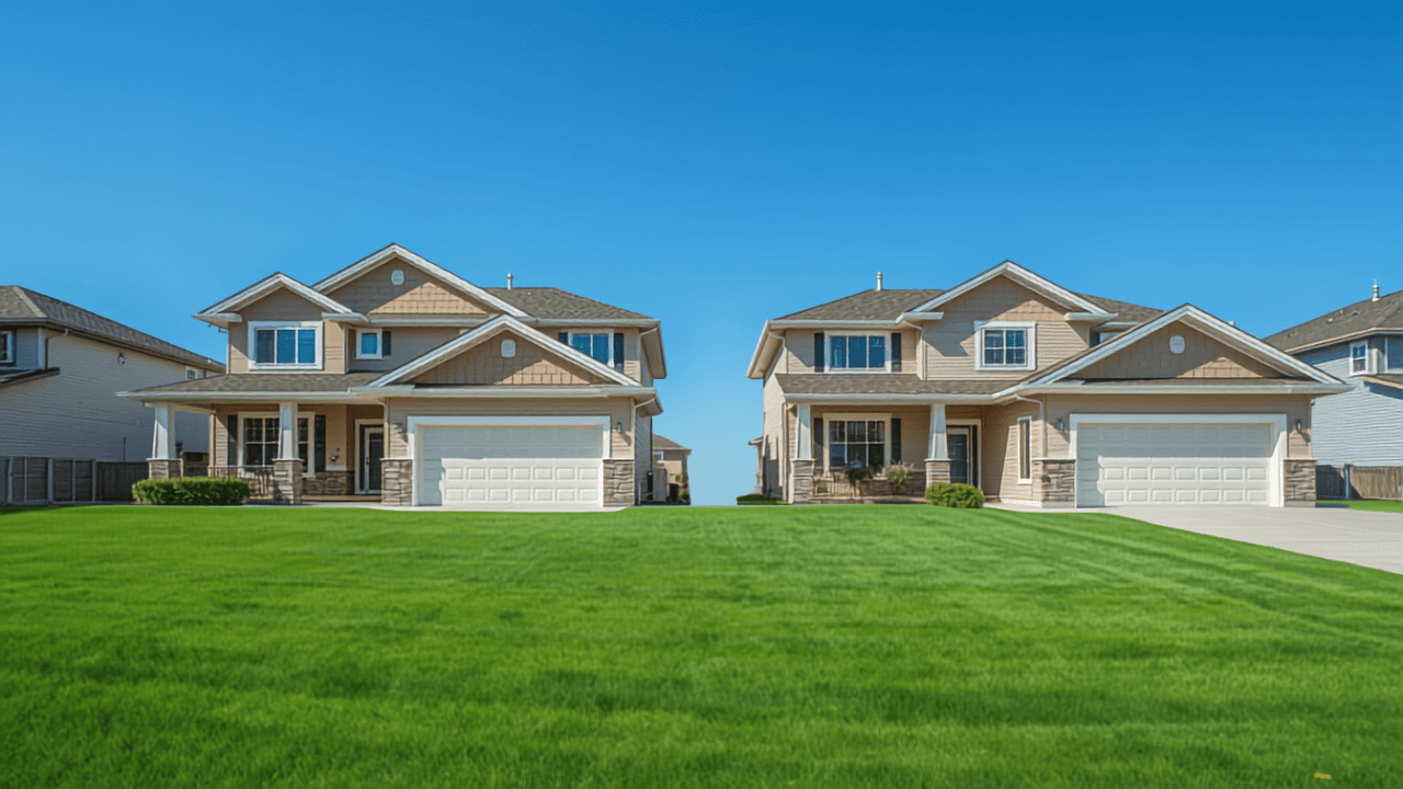 Two similar suburban homes side by side on a sunny street