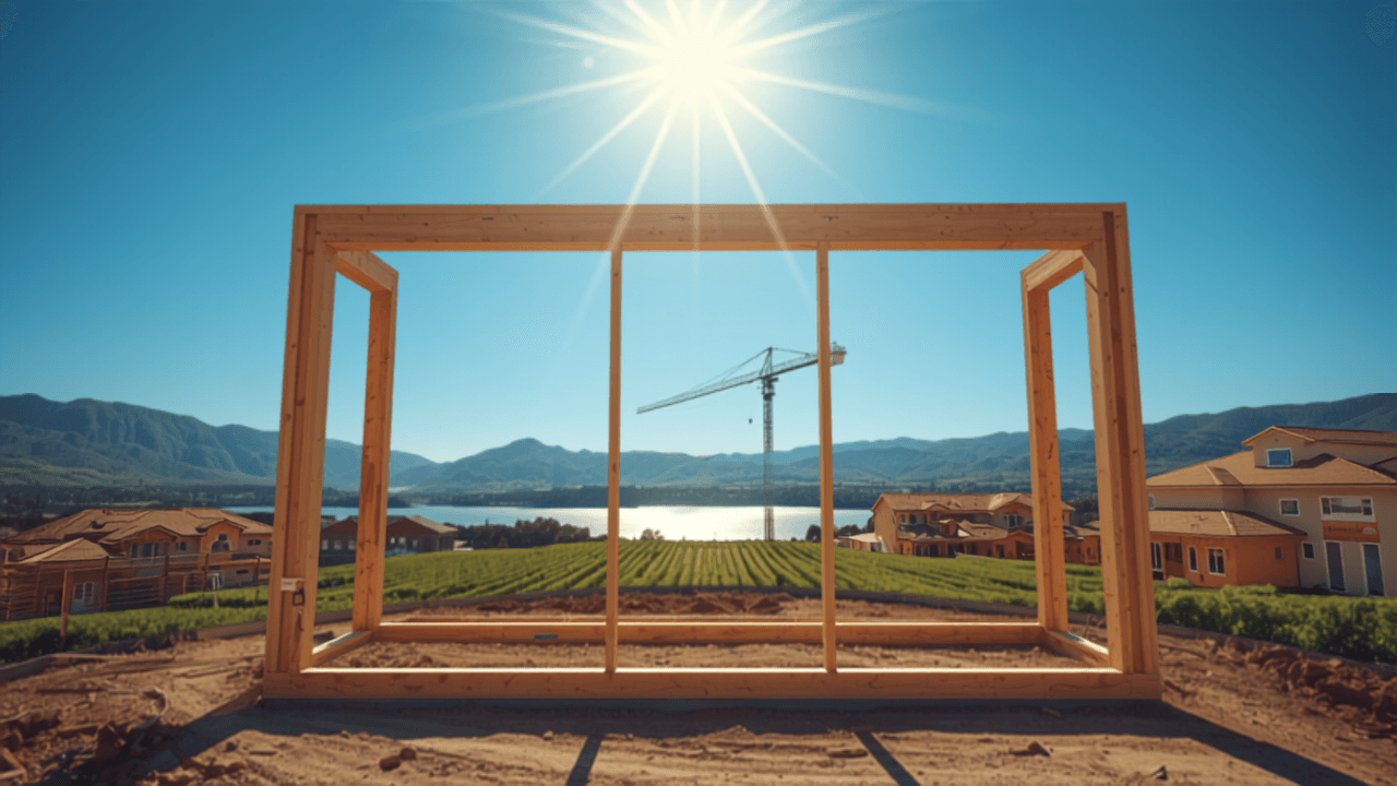 New home framing under construction against blue sky with crane
