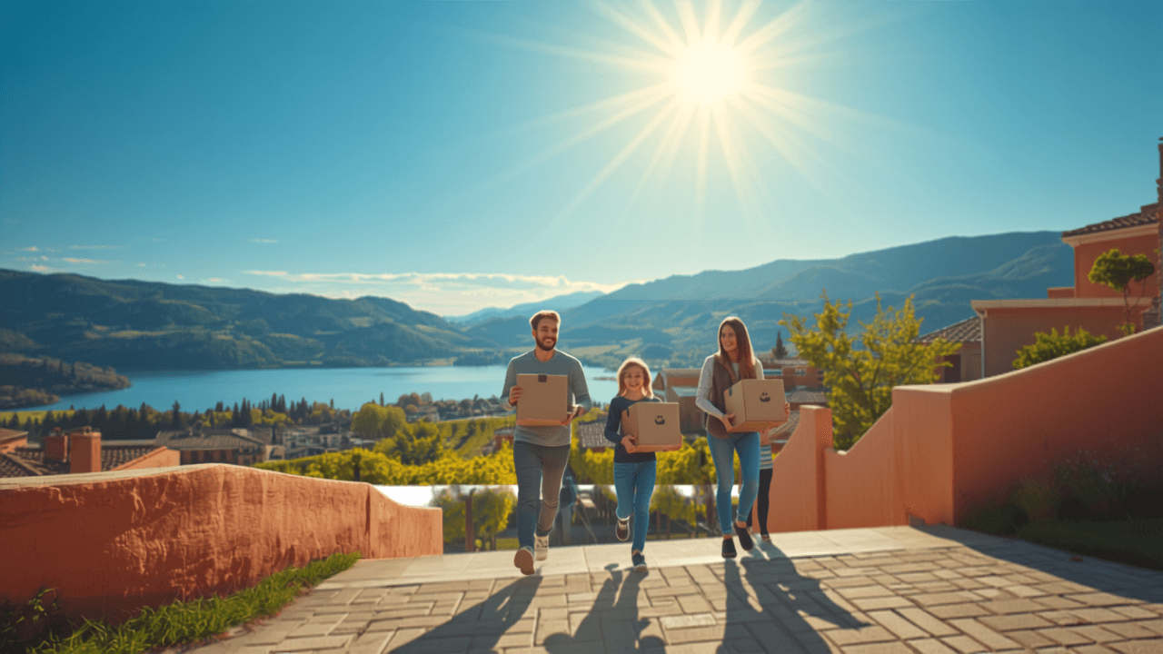 Family carrying moving boxes above a sunny lakeside town
