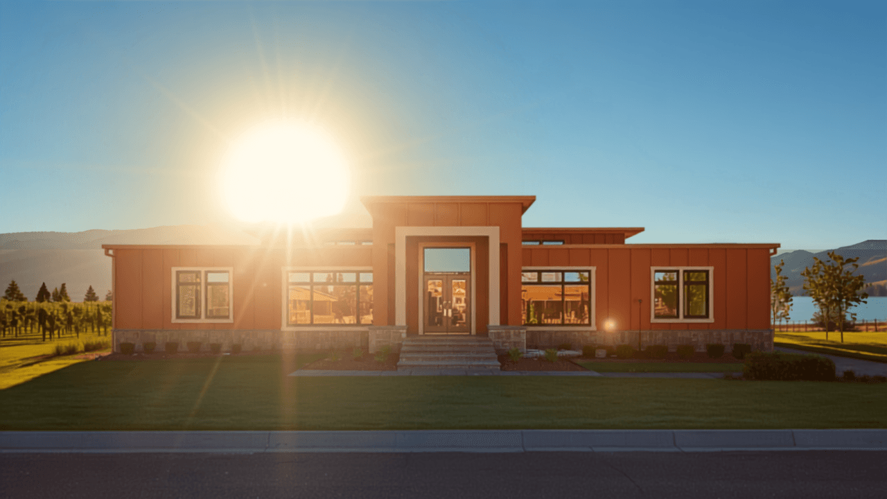 Modern BC home at golden hour with sun flare