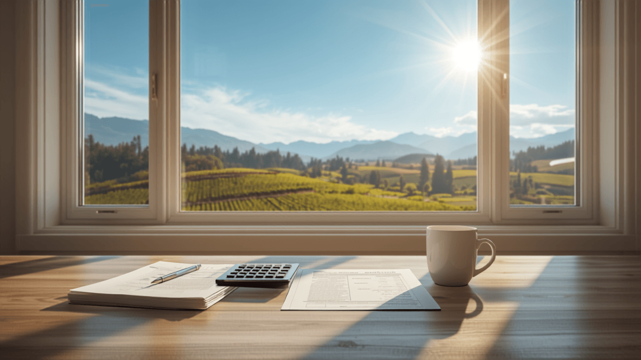Organized bills and calculator on a bright kitchen table