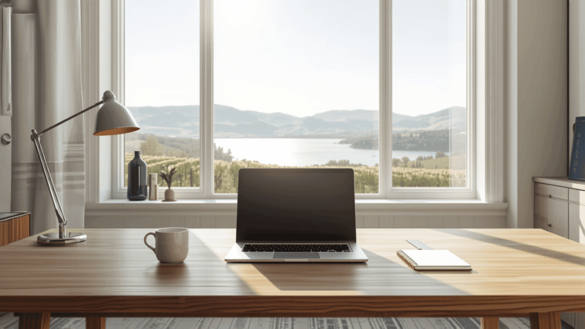 Sunlit home office with a view of Okanagan Lake, representing getting a self-employed mortgage in BC