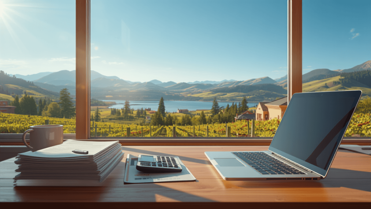 Income documents and laptop on a sunny desk with vineyard view