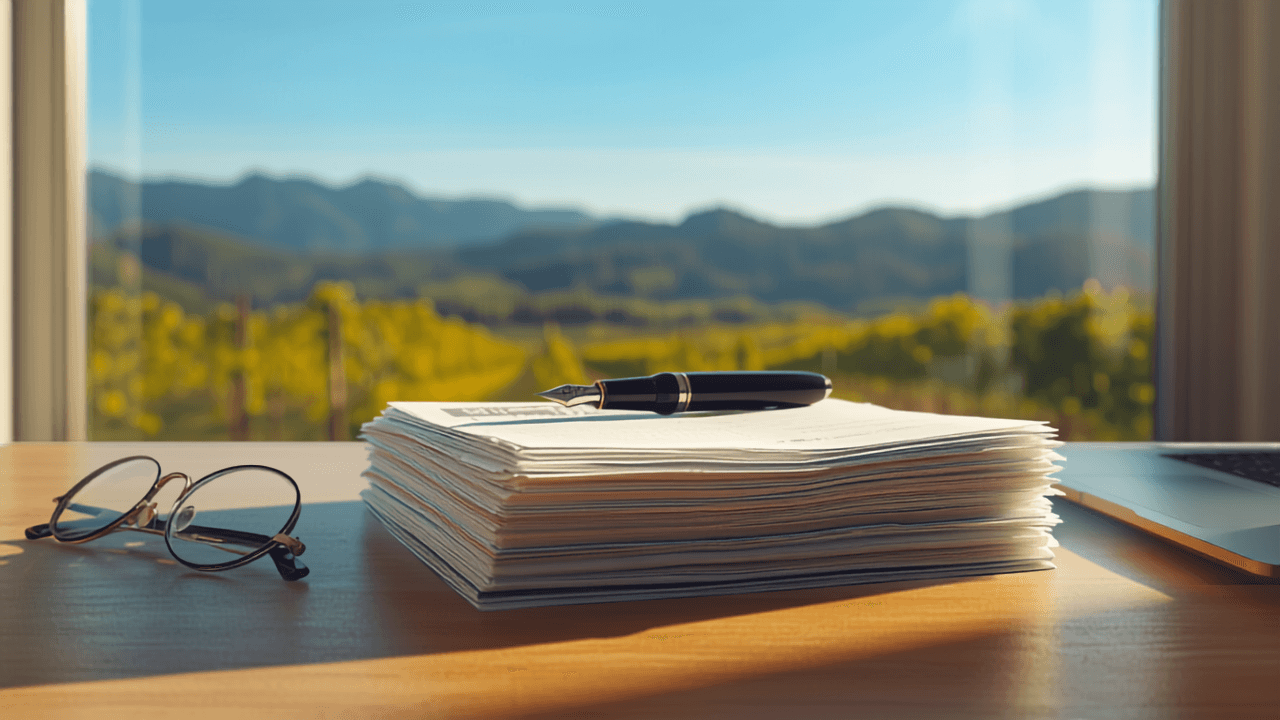 Bank statements and pen on a warm wooden desk in morning light