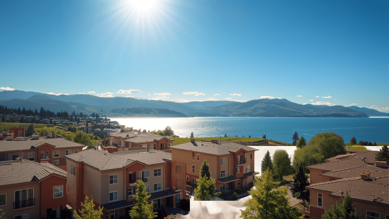 Sunlit terracotta condos and townhouses above Okanagan Lake, BC