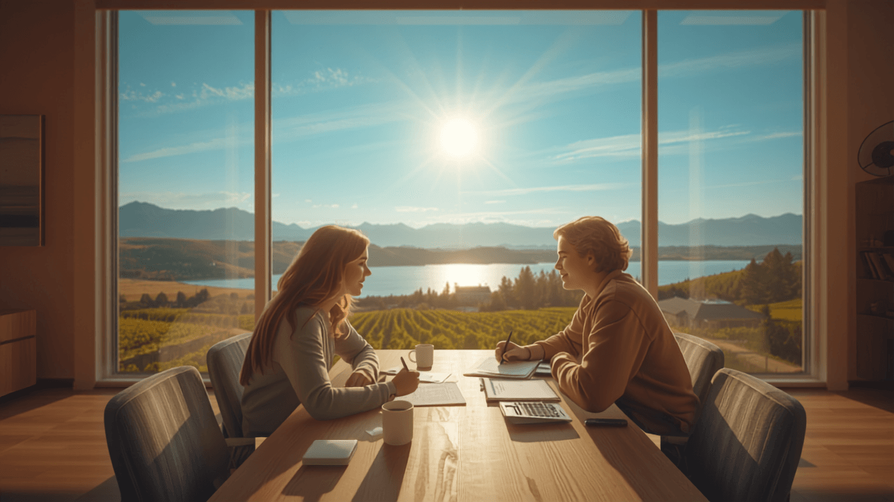 Couple reviewing finances at a bright table with lake view