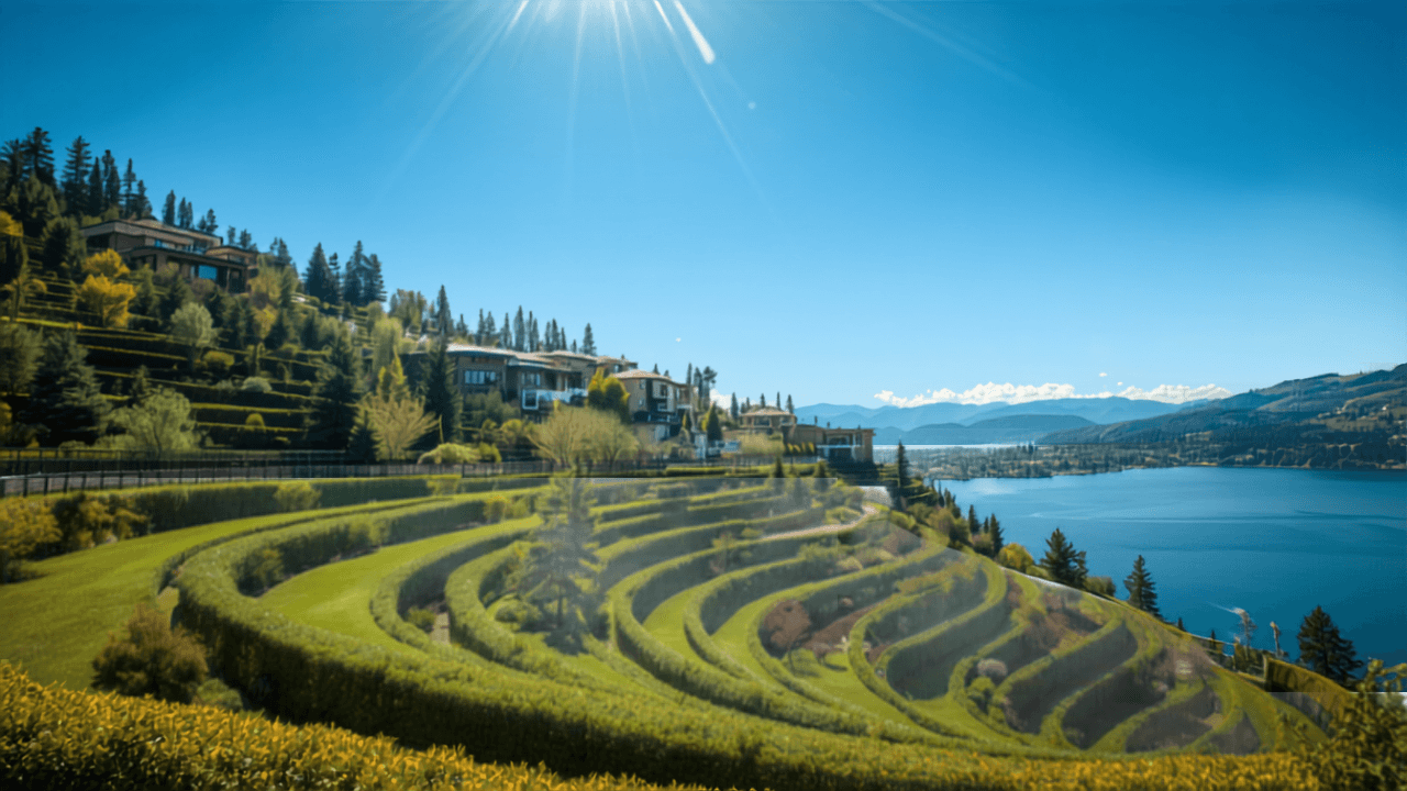 Terraced hillside homes above sparkling Okanagan Lake